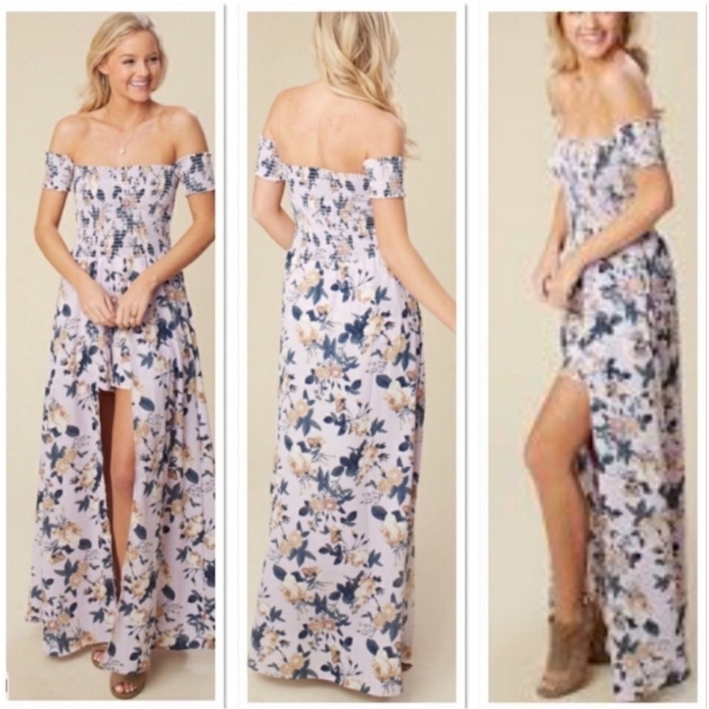 Lavender Floral Off Shoulder Smocked Maxi Dress High Slit